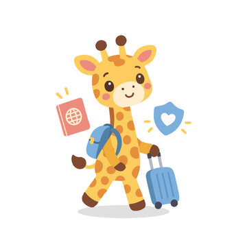 Cute giraffe pulling suitcase with passport for travel insurance concept