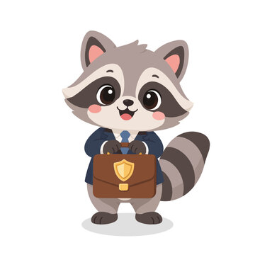 Cute raccoon with briefcase and shield for business insurance concept