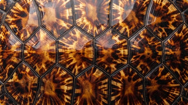 Tortoise shell amber and brown hexagonal scutes pattern extreme macro flat lay luxury texture background