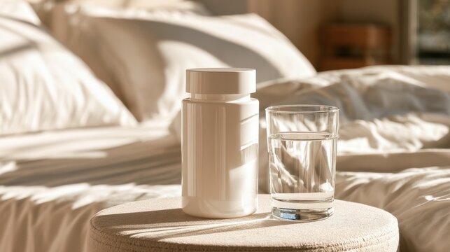 White medicine bottle and clear glass filled with water placed on round fabric stool in bright cozy bedroom with soft bed sheets