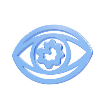 Blue glossy 3D eye icon with abstract iris shape on black background