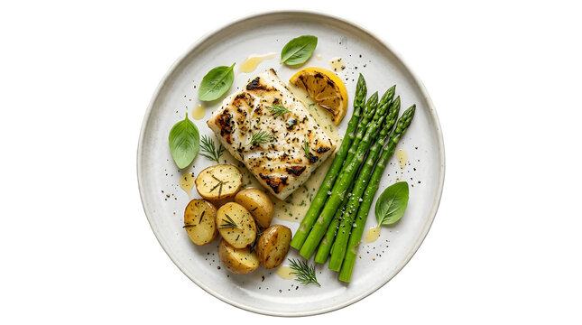 Roasted white fish fillet served with fresh asparagus and roasted potatoes seafood dish dinner plate baked fish balanced meal restaurant food basil leaves