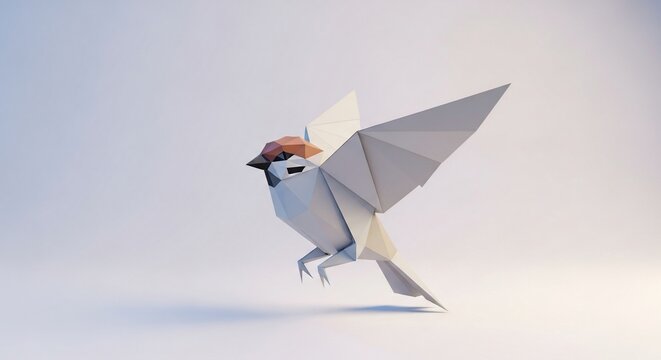 Low Poly Origami Sparrow Bird Figurine Isolated on White Background
