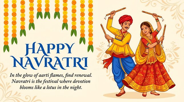 Happy Navratri Garba Dance Illustration with Traditional Couple and Floral Decoration