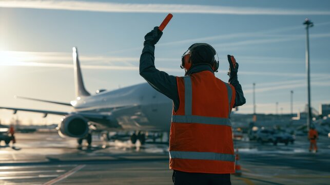 Ground crew worker in reflective vest signaling with orange baton directing airplane on airport runway during sunset