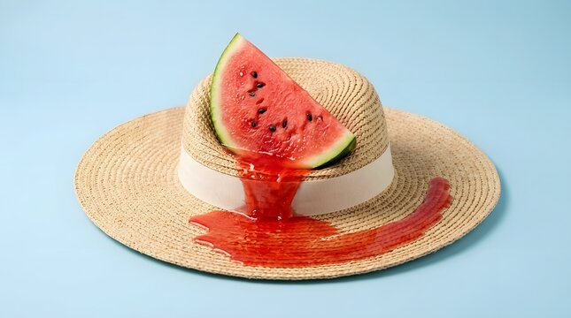 A vibrant watermelon wedge rests on a woven straw hat  its red juice pooling across the brim on a solid pastel blue surface
