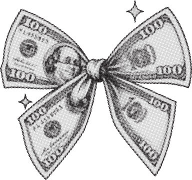 Decorative bow made of hundred dollar bills money pattern embroidered patch with embroidered bow tie