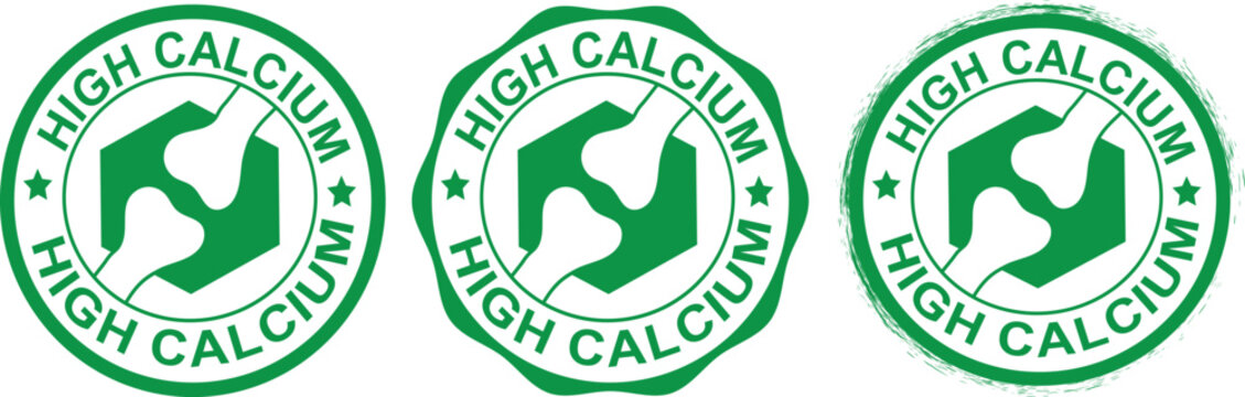 High calcium green stamp set, healthy bone joint supplement icons, 3 vector circular labels for dairy and mineral product packaging on transparent background