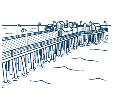blue illustration of a pier with buildings and street lamps by the sea