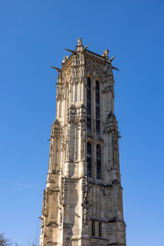 France, Paris - The Tower of Saint James, a Gothic bell tower, remains of the ruined Church of Saint James the Great. It marks the beginning of the pilgrimage route to Santiago de Compostela.