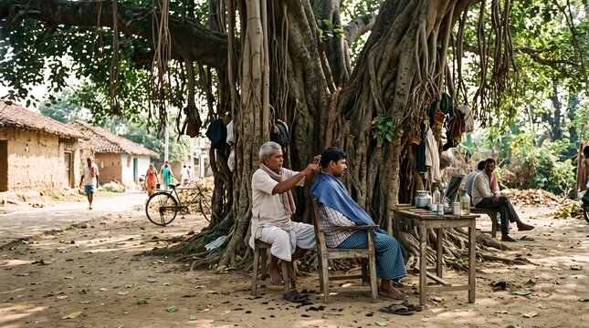 Barber giving haircut to customer outdoors under large tree branches
