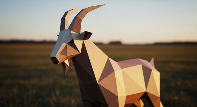 Low Poly Papercraft Goat Sculpture in Sunset Field
