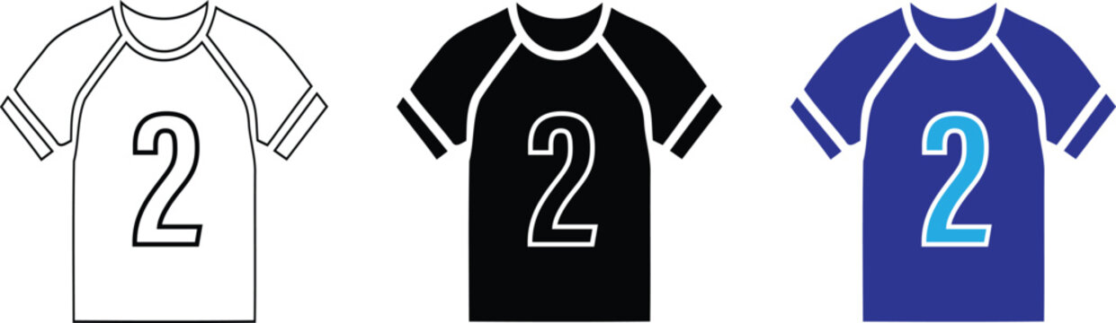 A set of three stylized sports jersey icons featuring the number two in different design variations including outline, solid black, and blue graphic styles., isolated on a Transparent background