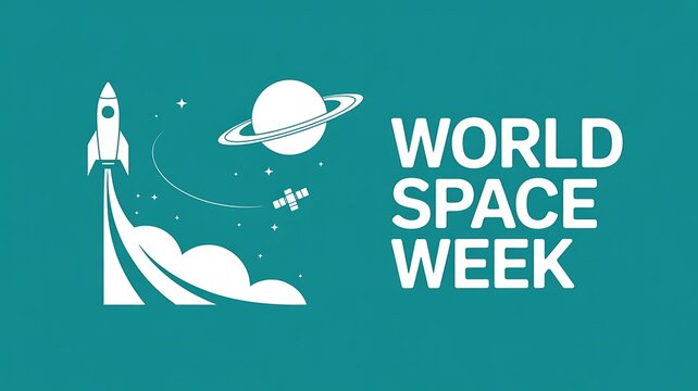 World space week illustration with rocket and planet