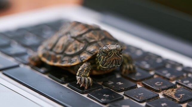 Small turtle crawling on laptop keyboard close-up showing tiny reptile exploring technology with focused eyes and detailed shell pattern