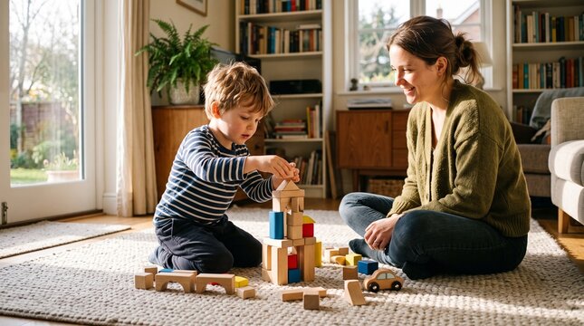Mother and Son Building Together: A warm and intimate moment as a mother sits on the floor, lovingly watching her young son build a tower with wooden blocks.