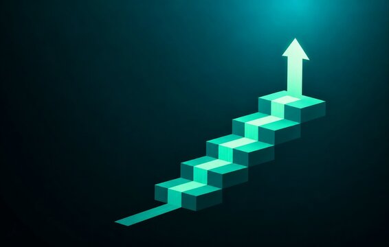 Isometric upward arrow on glowing steps against dark background