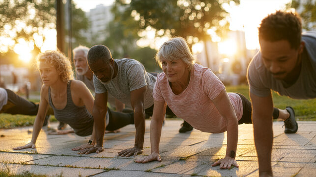 healthy adults of different ages performing simple bodyweight exercises together in a peaceful city park at sunrise