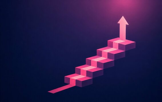 Isometric upward arrow on pink steps with glowing effect