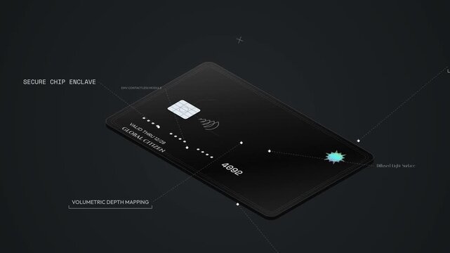 Dynamic 3D motion graphics presentation of a modern smart credit card highlighting advanced security features like secure chip enclave and contactless module with glowing futuristic scanning effects