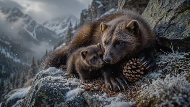 Macro cinematic shot of a female North American wolverine with her fluffy kit on a mountain ridge in winter