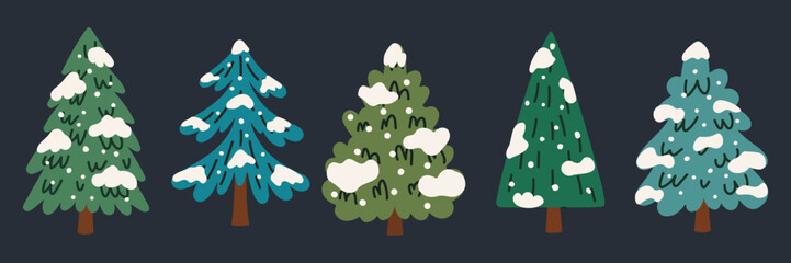 Obraz premium Hand drawn snowy Christmas trees in various green and blue shades on a dark background. Cute winter forest illustrations with snow-covered branches for festive seasonal designs.