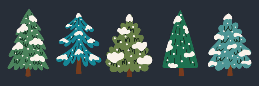 Hand drawn snowy Christmas trees in various green and blue shades on a dark background. Cute winter forest illustrations with snow-covered branches for festive seasonal designs.