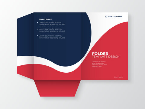 Modern Corporate Presentation Folder Template Design Vector Layout with Pocket Red and Navy Blue Wave Cover