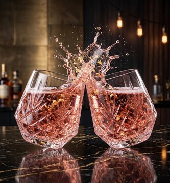 Luxurious Toasting with Crystal Glasses of Pink Cocktail Splashing Gold Particles