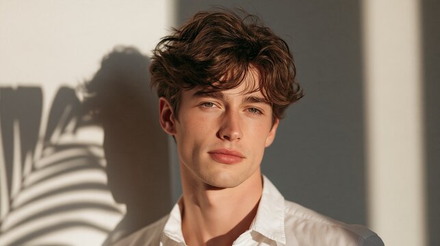 Handsome young man with stylish dark hair posing in warm sunlight rays