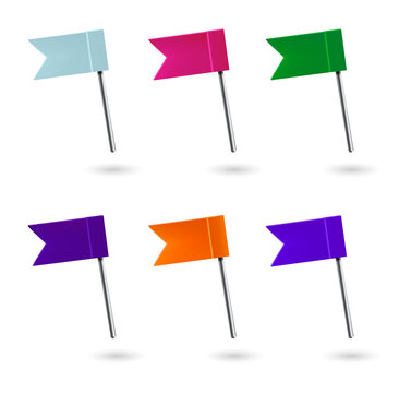 Set of six colorful flag map pins isolated on a transparent background