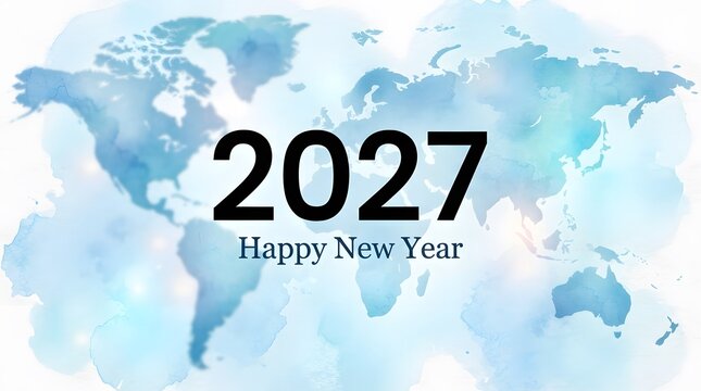 Watercolor world map background with bold typography for the year 2027 and new year wishes