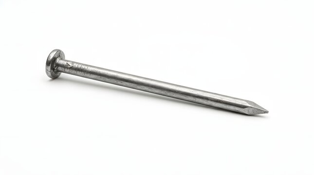 An isolated steel nail featuring a flat circular head and tapered tip rests at an angle against a clean white background  highlighting its industrial design and reflective surface