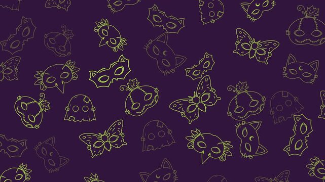Gothic Halloween masquerade masks: cat, owl, stitched pumpkin, ghost, moth. Seamless loop, lime green line art on dark purple background.