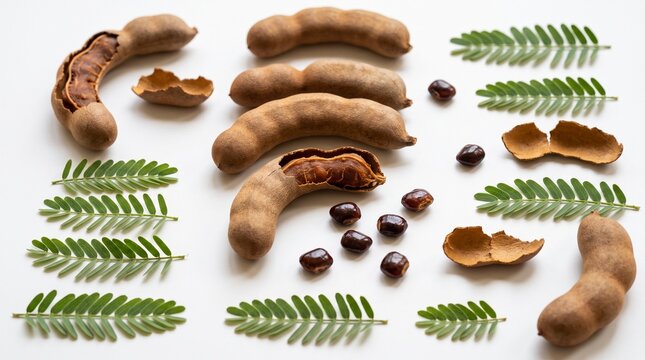 Ripe tamarind pods with seeds and leaves isolated on white background