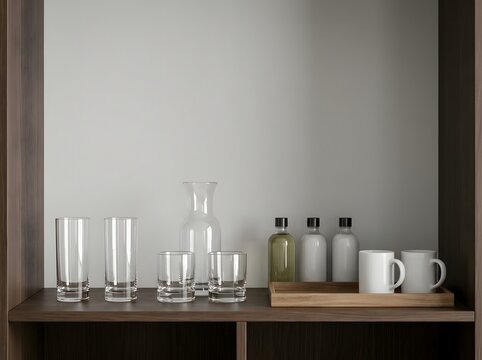 Hotel amenity shelf with glasses bottles and mugs