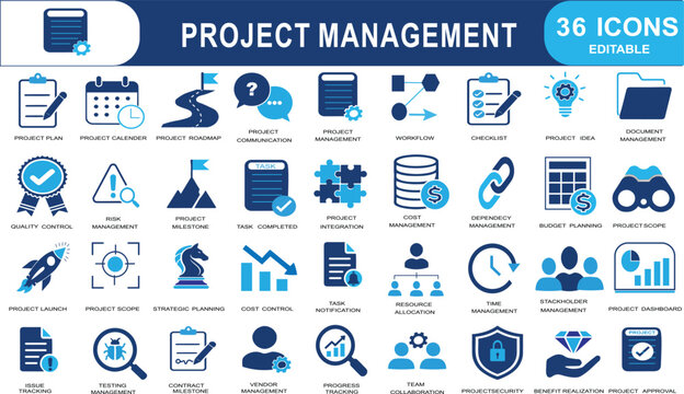 Project management icon set, 36 editable business planning and workflow vector icons, professional blue corporate strategy and task management symbols on transparent background