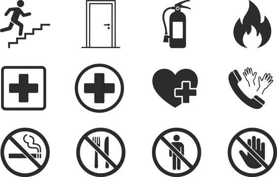 Emergency Exit Fire Safety and Medical Assistance Outline Icon Set.