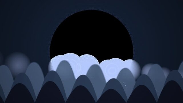 Minimalist digital illustration of a dark moon rising over abstract rolling hills and clouds.