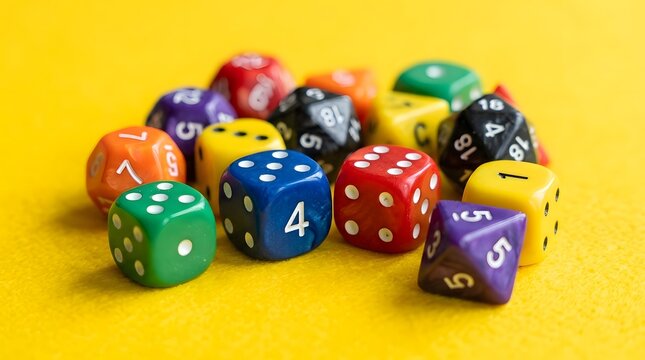 Multiple assorted dice in different colors  shapes  and sizes are arranged randomly on a vibrant yellow background  some displaying their numbered sides clearly