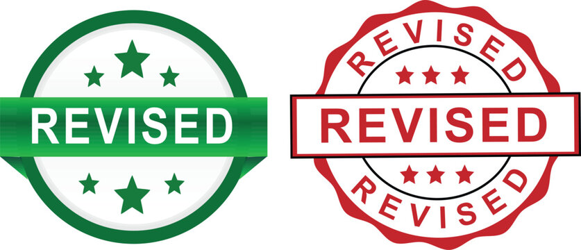 Revised rubber stamp icons, green and red circular revised seal set with stars, professional document verification labels for business editing on transparent background