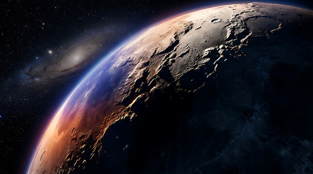 Stunning view of the red planet Mars surface from outer space with a distant galaxy in the background
