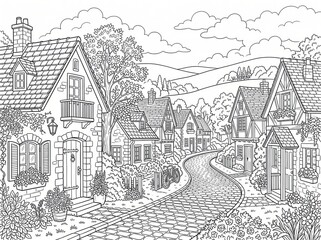Obraz premium Coloring page village street, vector illustration of a charming cobblestone lane with Tudor houses and old tree