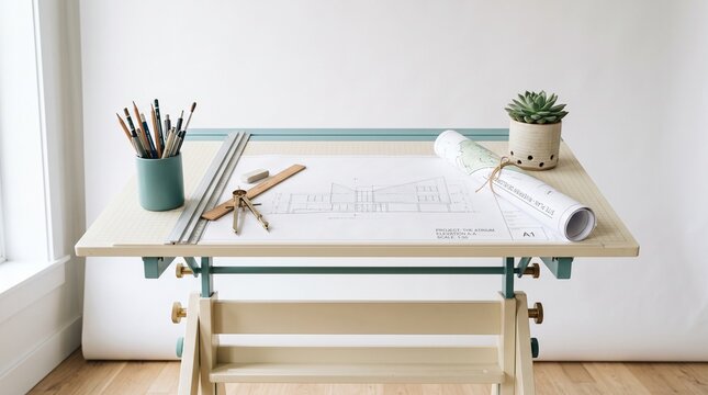 Drafting table with architectural plans and drawing tools interior scene