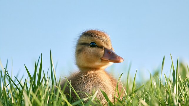Cute mallard duckling Anas platyrhynchos in green grass outdoor nature