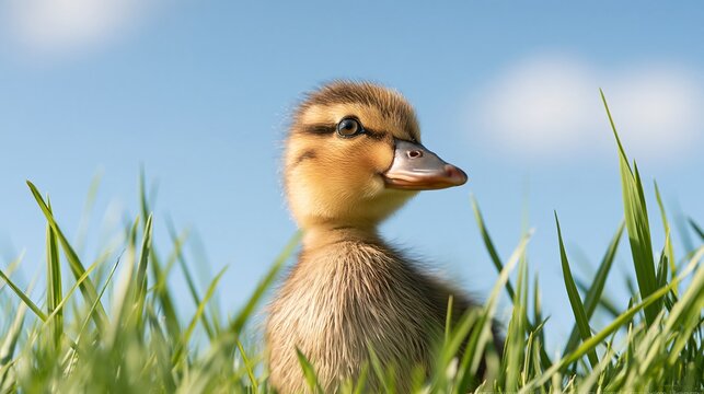 Cute mallard duckling Anas platyrhynchos in green grass outdoor spring