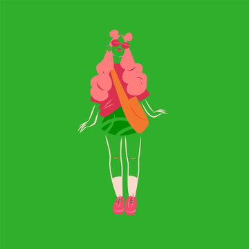 Gen Z Fashion Girl with Pink Hair, Sunglasses and Crossbody Bag, Bold Colorful Young Woman Character Vector Illustration on Green Background