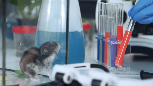 A scientist wearing blue gloves handles test tubes with colorful liquids near a mouse on a laboratory bench in a brightly lit chemistry lab environment.