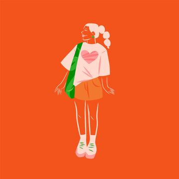 Colorful Young Woman with Heart Shirt and Shoulder Bag, Gen Z Fashion Girl Character, Trendy Youth Lifestyle Vector Illustration on Orange Background
