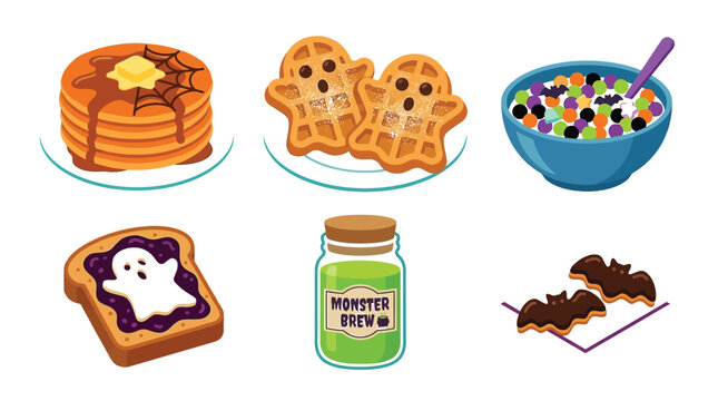 Spooky halloween breakfast food collection featuring vector illustration of pancakes waffles cereal toast and green potion